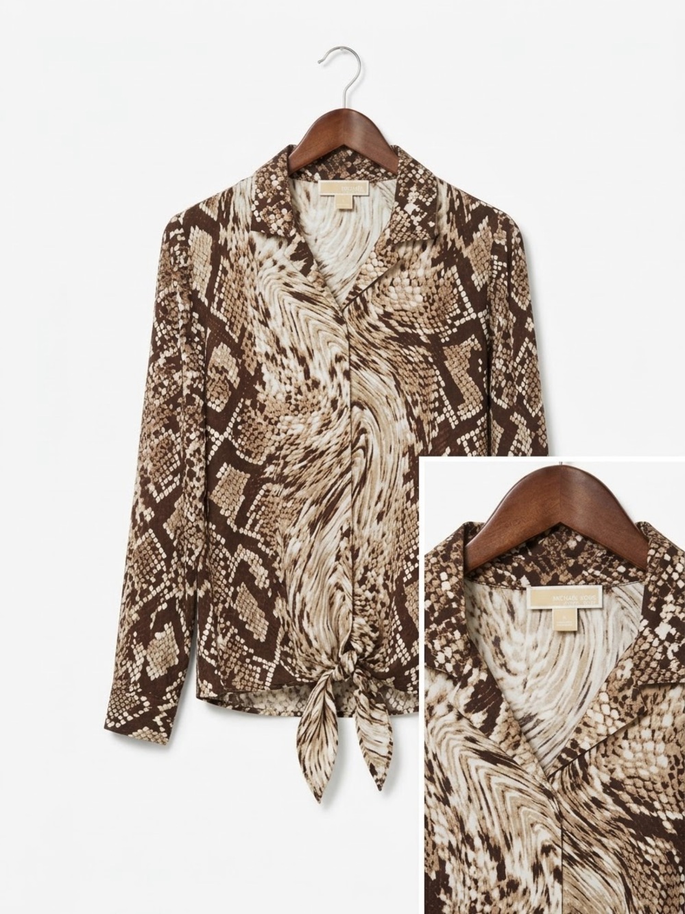 MICHAEL Michael Kors Brown and Cream Snake-Print Tie-Front Blouse
